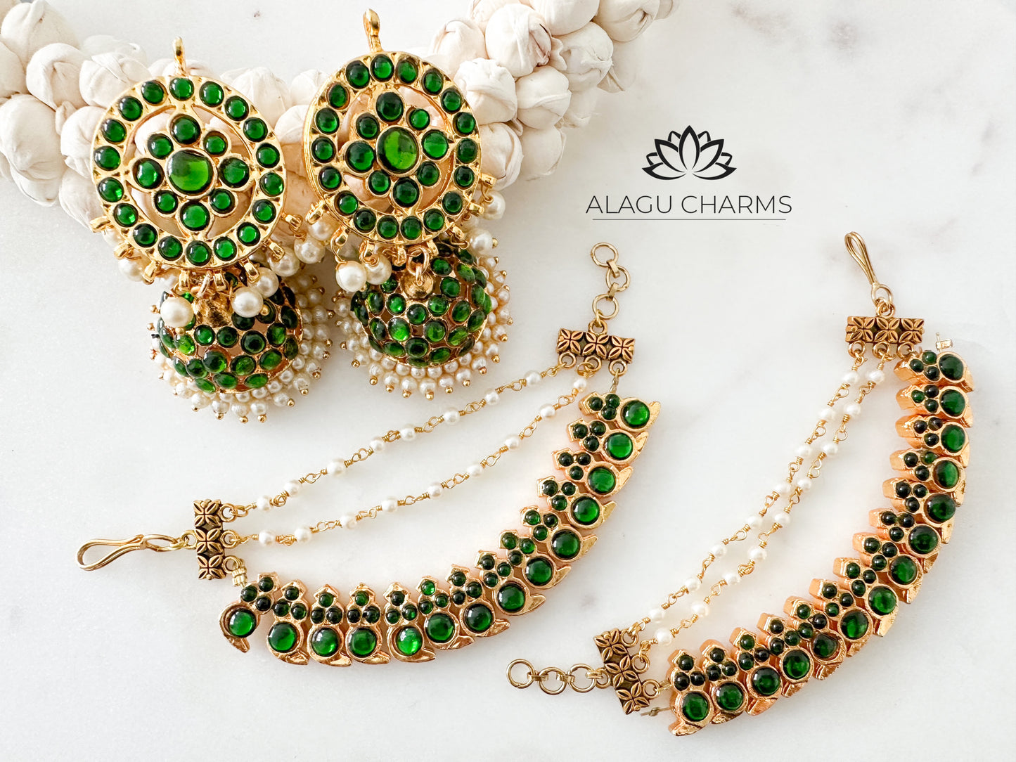 Arakku Kemp Jhumka & Ear Chain (green)