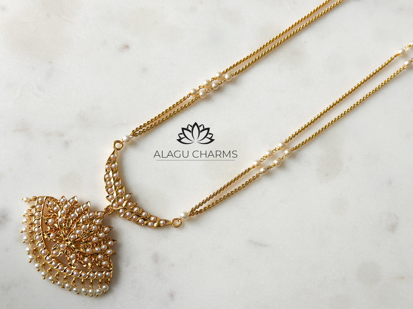 PUVIZHI - Impon long chain with lotus pendant and pearls
