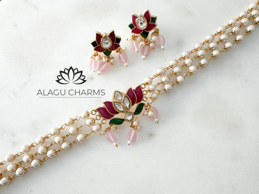 THAMARAI - Lotus Pearl Choker with Light Pink Beads