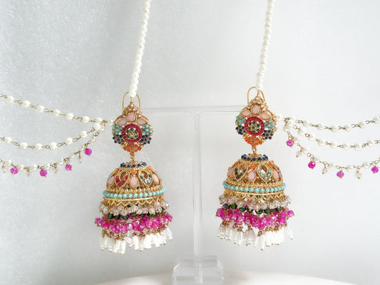 AMAYA - Pakistani Jhumka with ear chain (pink multi)