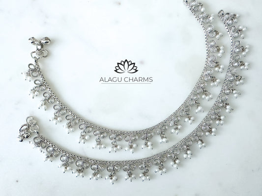 Silver anklets with Polki stones
