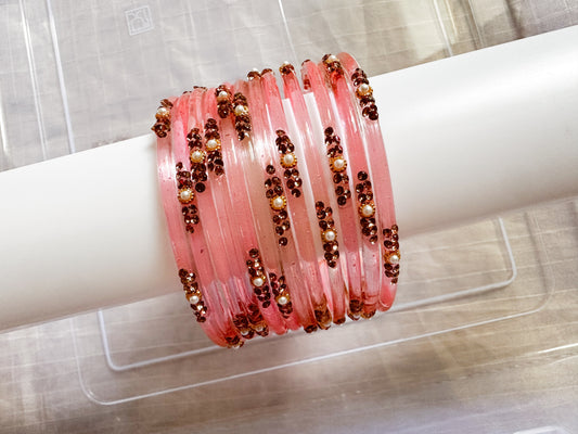 Glass Bangles with pearls & stones (pink)