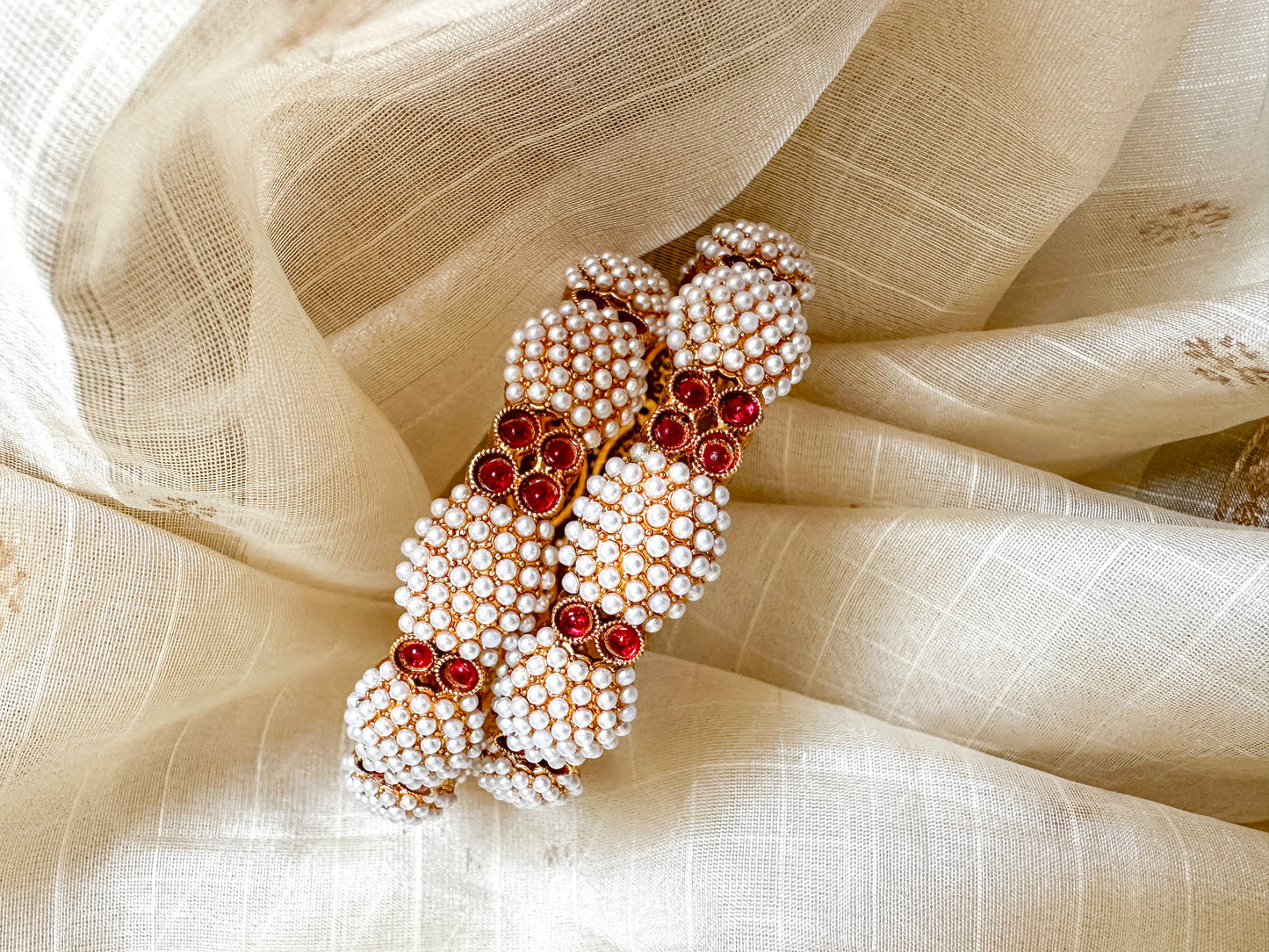 Statement Pearl Bangles with Ruby stones (2.8)
