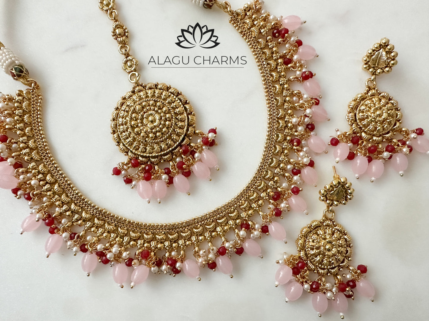 Traditional Necklace Set with Light Pink beads