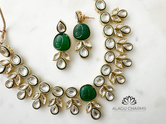 Kundan Necklace Set with emerald green stones