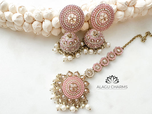 Liya- Light pink Polki Jhumka with matching tikka