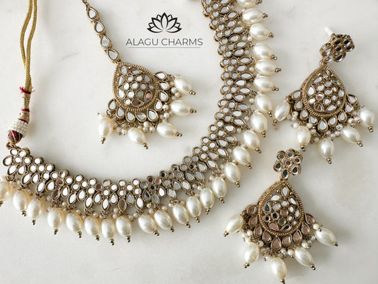 Mirror work Necklace Set with Drop pearls