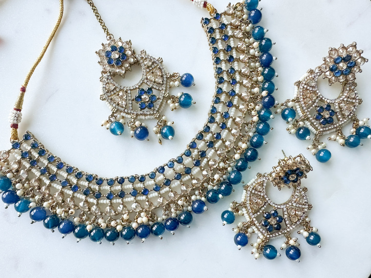 Blue Polki Necklace with matching earrings and tikka