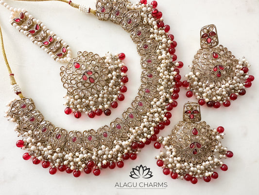 MAHI - Polki Necklace Set with burgundy/ ruby details