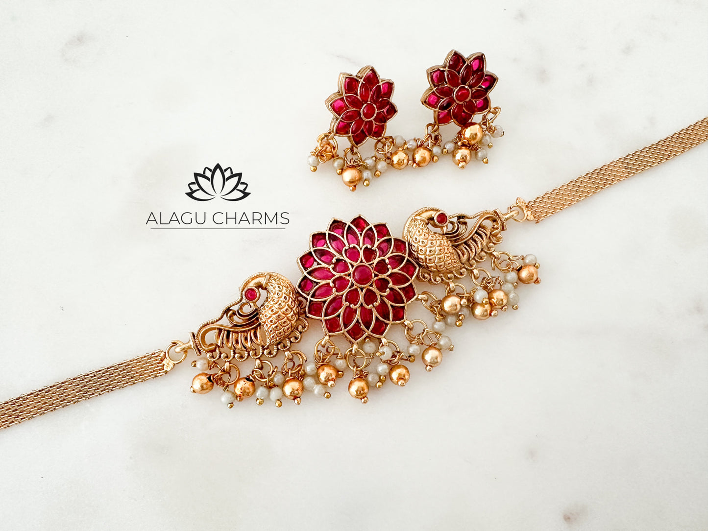 Traditional Choker Set with Flower and Peacock motifs (ruby)