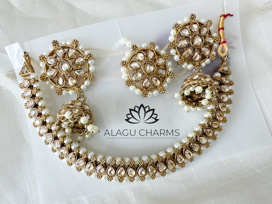 8Sets of Bridesmaids Jewellery- Polki Necklace Set with matching Jhumka and Tikka